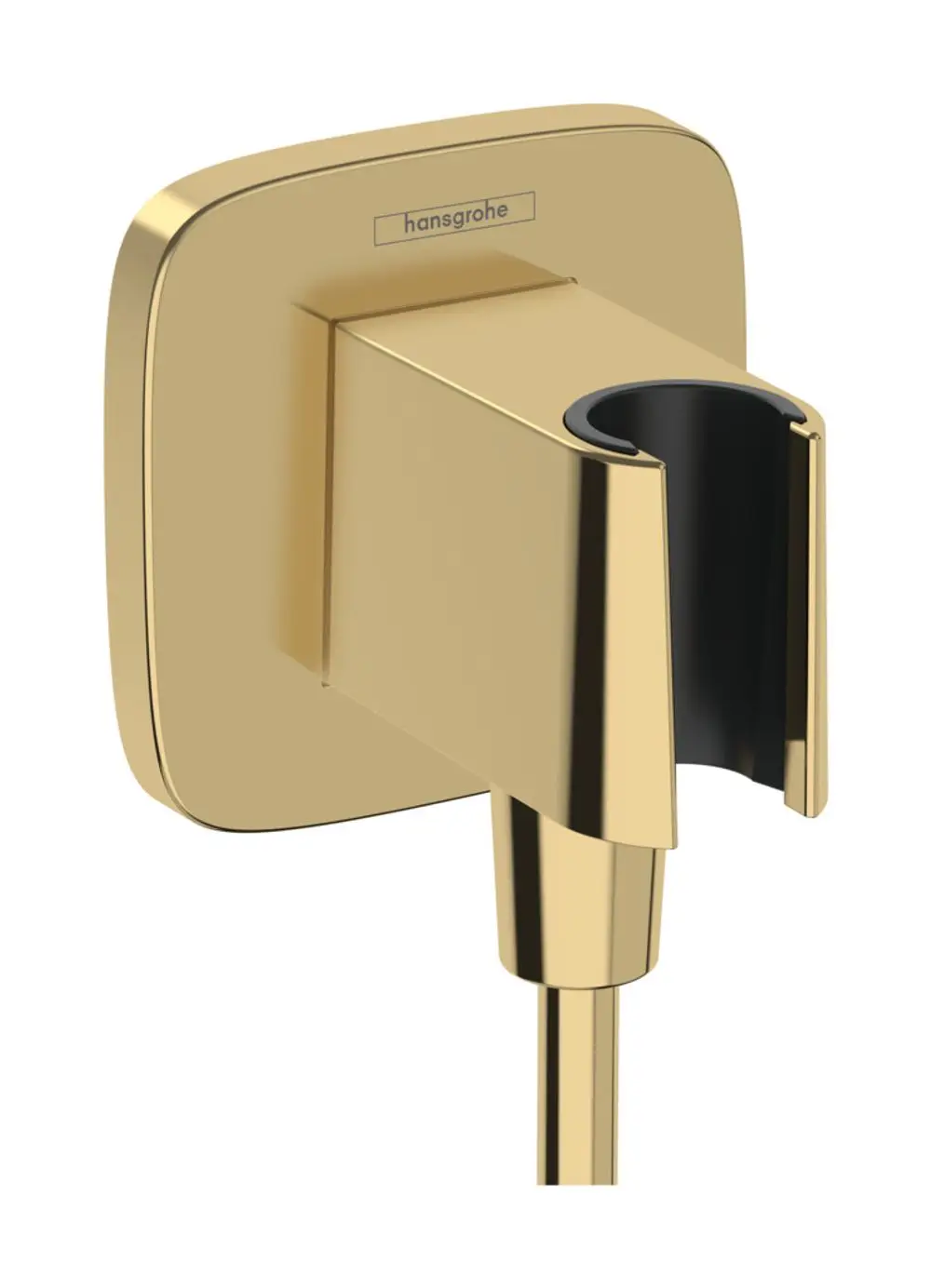 Wandanschluss mit Brausehalter in polierter Goldoptik. Das Produkt zeigt eine glatte Oberfläche und ist für die Montage in Badezimmern konzipiert. Hansgrohe-Marke ist sichtbar.